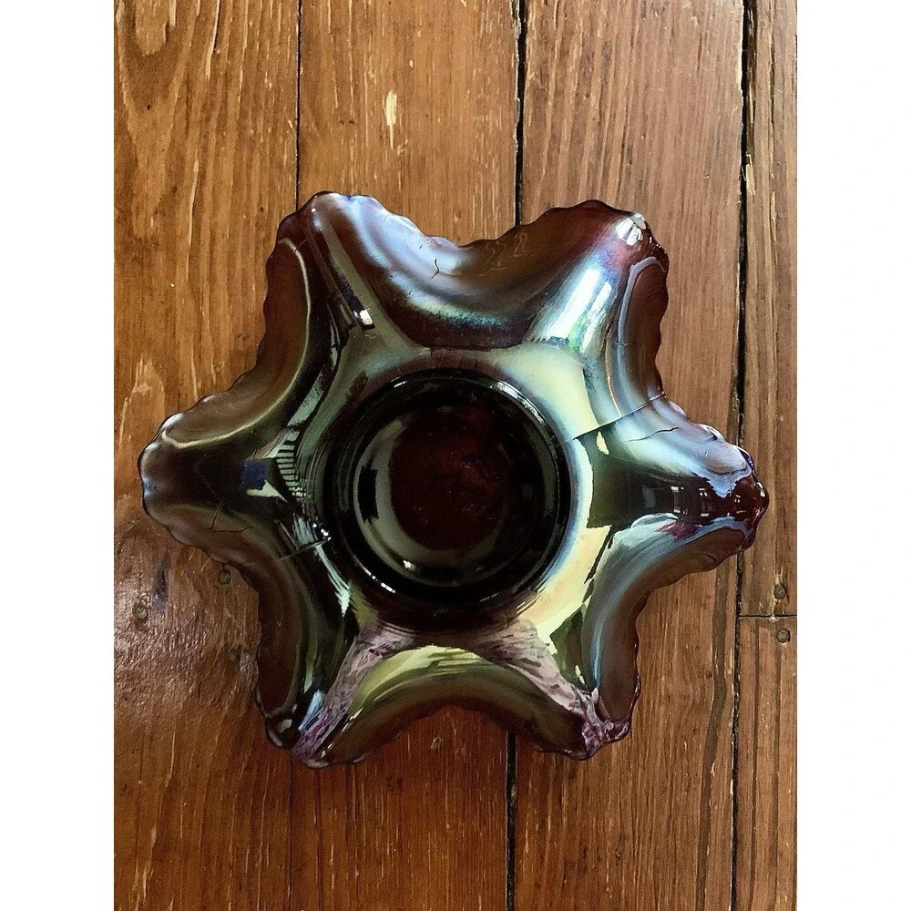Antique Dugan Amethyst Windflower Iridescent Carnival Glass Ruffled Bowl 8